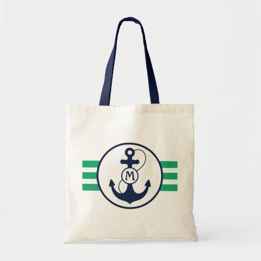 Groene Nautische strips met anker monogram Tote Bag (Voorkant)