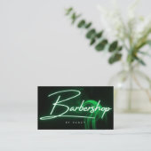 Groene Neon Barbershop Handgeschreven Script Barbe Visitekaartje (Staand voorkant)