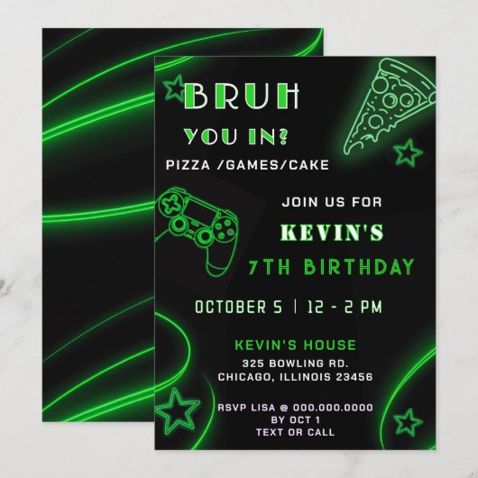 Groene Neon Glow Pizza Games Bruh Verjaardag Kaart (Voorkant / Achterkant)