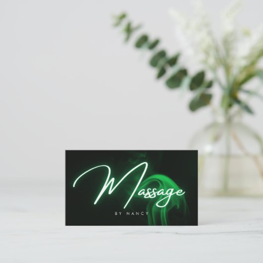 Groene Neon Massage Therapeut Handgeschreven Scrip Visitekaartje (Staand voorkant)