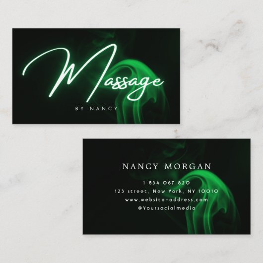 Groene Neon Massage Therapeut Handgeschreven Scrip Visitekaartje (Voorkant / Achterkant)
