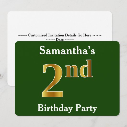Groene, Nep Goud 2de Verjaardagsfeestje + Aangepas Kaart (Voorkant / Achterkant)