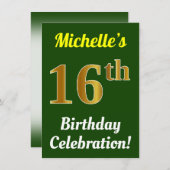Groene, Nep-gouden 16e verjaardagsfeest + Naam Kaart (Voorkant / Achterkant)