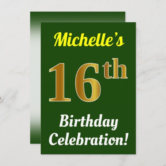 Groene, Nep-gouden 16e verjaardagsfeest + Naam Kaart (Voorkant / Achterkant)