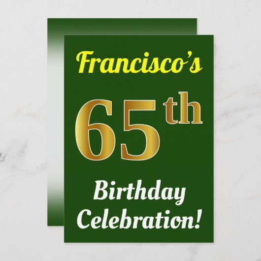 Groene, Nep Gouden 65e Verjaardagsviering + Naam Kaart (Voorkant / Achterkant)