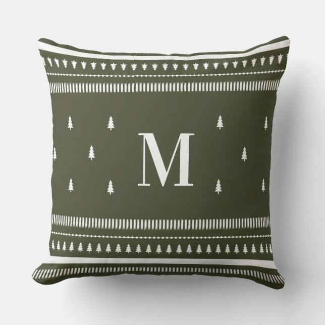 Groene Nordic Christmas Trees & Monogram Kussen (Voorkant)