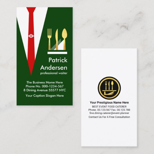 Groene ober pak gouden bestek visitekaartje (Voorkant / Achterkant)