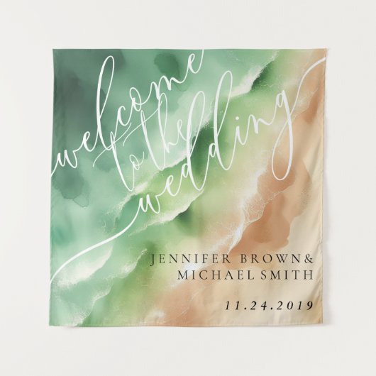 Groene Oceaanstrand Heet Feest Welkom Achtergrond Wandkleed (Voorkant)