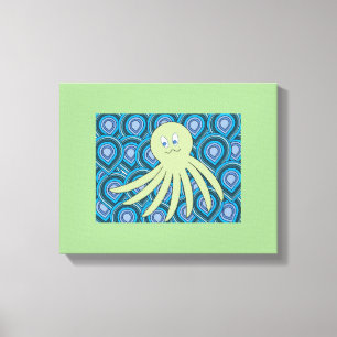 Groene octo in een wervelend zee van blauw en groe canvas afdruk
