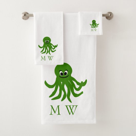 Groene Octopus Design Met Monogram Bad Handdoek (Insitu)