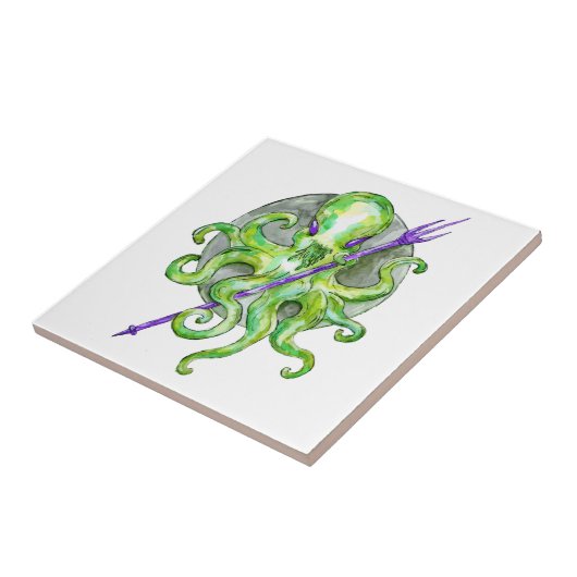 Groene octopus met Paarse stam Tegeltje (Zijkant)