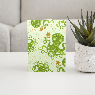 Groene octopussen met bloemen kaart