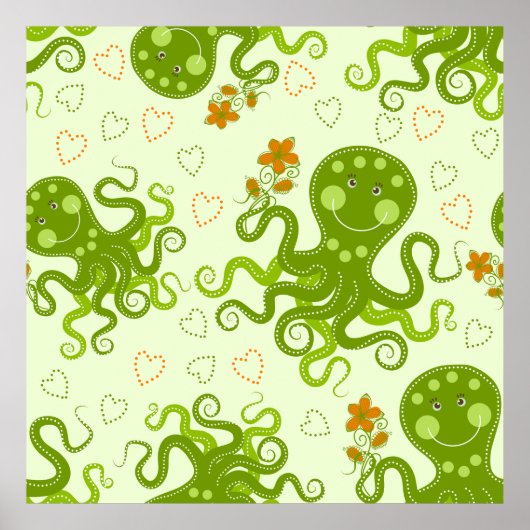 Groene octopussen met bloemen poster (Voorkant)