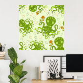 Groene octopussen met bloemen poster
