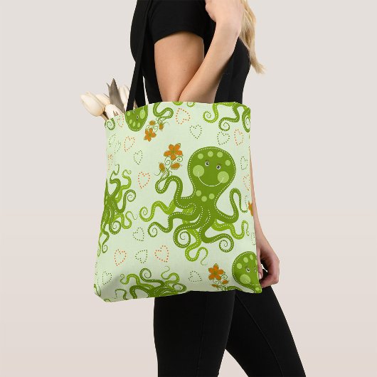 Groene octopussen met bloemen tote bag