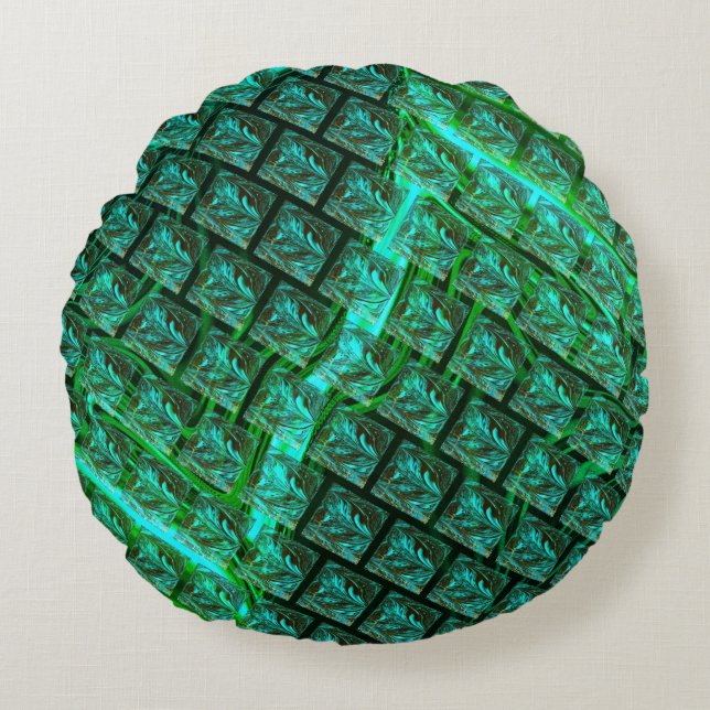 'Groene ogen in raster', bekrast en wazig Rond Kussen (Voorkant)