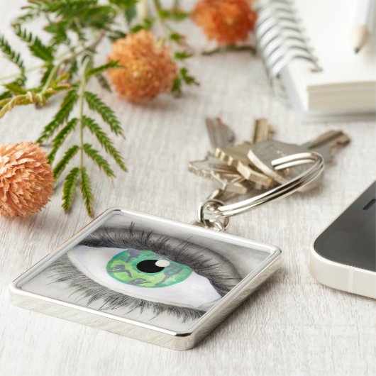 Groene ogen met danserijsilhouettes in Iris Sleutelhanger (Zijkant)