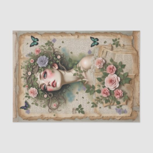 Groene ogen schoonheid met bloemen en vlinders tissuepapier (Voorkant)