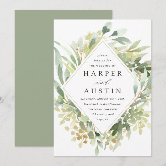 Groene olieramp Botanical Wedding Invitation Kaart (Voorkant / Achterkant)