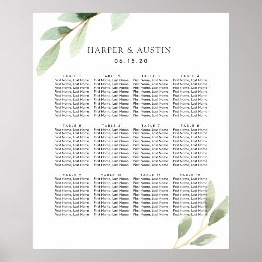 Groene olieramp Botanical Wedding Seating Chart Poster (Voorkant)