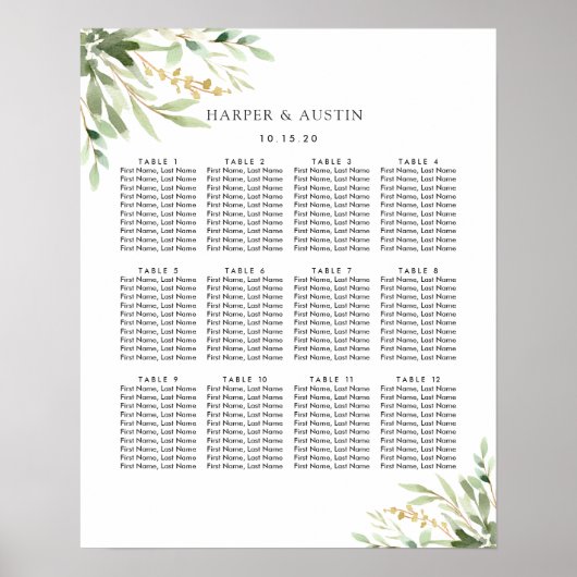 Groene olieramp Botanical Wedding Seating Chart Poster (Voorkant)