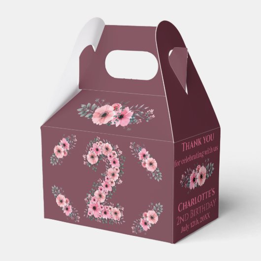Groene olievlek Grote 2de verjaardag Meisroze Bloe Bedankdoosjes (Voorkant Zijde)