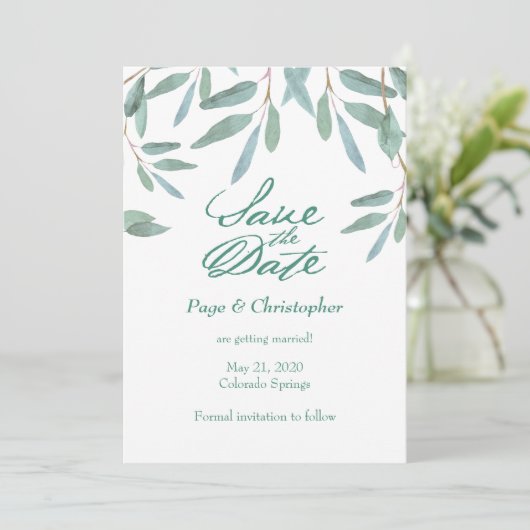 Groene olievloeistof Eucalyptus laat de datum opsl Save The Date (Staand voorkant)