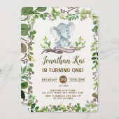 Groene olifant 1e verjaardagsfeestje uitnodigen ru kaart (Voorkant / Achterkant)