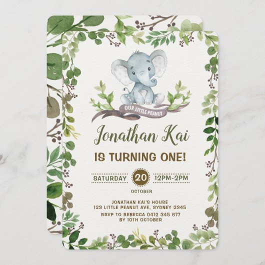 Groene olifant 1e verjaardagsfeestje uitnodigen ru kaart (Voorkant / Achterkant)