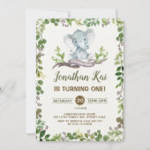 Groene olifant 1e verjaardagsfeestje uitnodigen ru kaart (Voorkant)