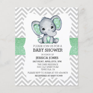 Groene Olifant Chevron Glitter Baby Shower Uitnodi