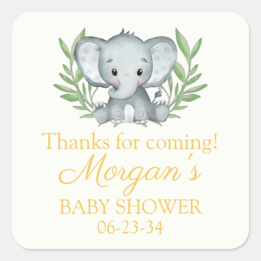 Groene olifant gele neutrale babyshower vierkante sticker (Voorkant)