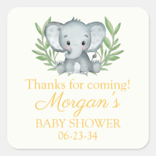 Groene olifant gele neutrale babyshower vierkante sticker
