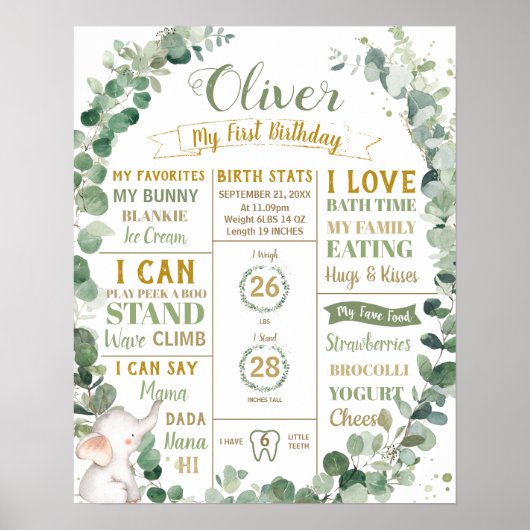 Groene Olifant Verjaardag Mijlpaal Geboorte Stats Poster (Voorkant)
