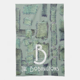 Groene olijf blauwgroen grijs monogram abstract ge theedoek