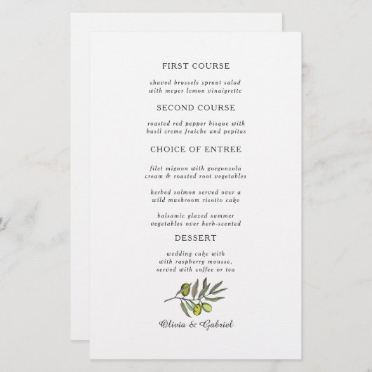 Groene Olijf. Eenvoudig fancy modern trouwmenu (Voorkant / Achterkant)