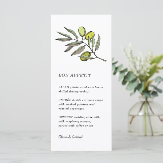 Groene Olijf. Eenvoudig modern trouwmenu Menu (Staand voorkant)