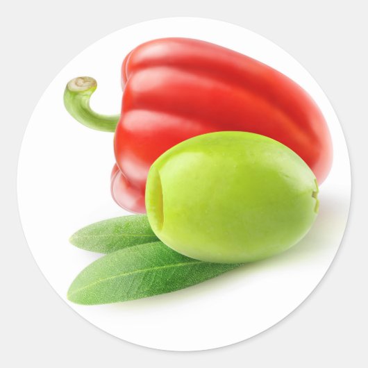 Groene olijf en rode paprika ronde sticker (Voorkant)