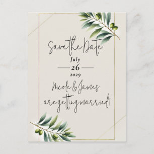Groene Olijfblad Beenderwit & Goud Save the Date Aankondigingskaart