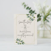 Groene Olijfblad Beenderwit & Goud Save the Date Aankondigingskaart (Staand voorkant)