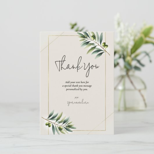 Groene Olijfblad Bone Wit Goud Rustiek Dank u Kaart (Staand voorkant)