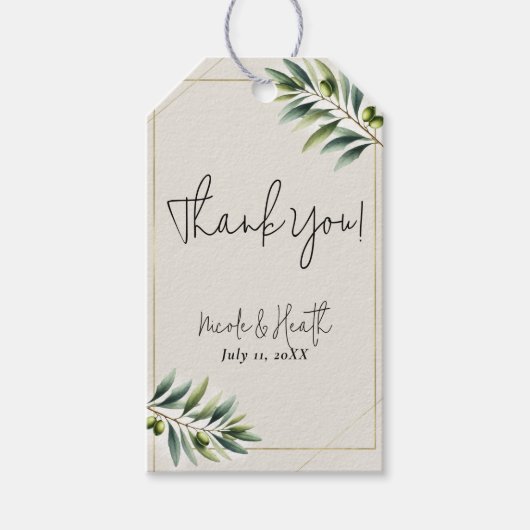Groene Olijfblad Bone Wit & Goud Rustiek Huwelijk Cadeaulabel (Voorkant)