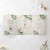 Groene Olijfblad Bone Wit & Goud Rustiek Huwelijk Drieluik Uitnodiging (Binnen)