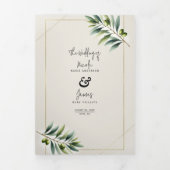 Groene Olijfblad Bone Wit & Goud Rustiek Huwelijk Drieluik Uitnodiging (Cover)