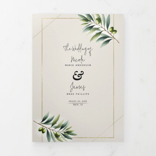 Groene Olijfblad Bone Wit & Goud Rustiek Huwelijk Drieluik Uitnodiging (Cover)