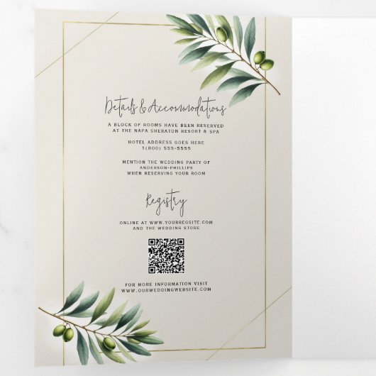 Groene Olijfblad Bone Wit & Goud Rustiek Huwelijk Drieluik Uitnodiging (Binnenzijde eerst)