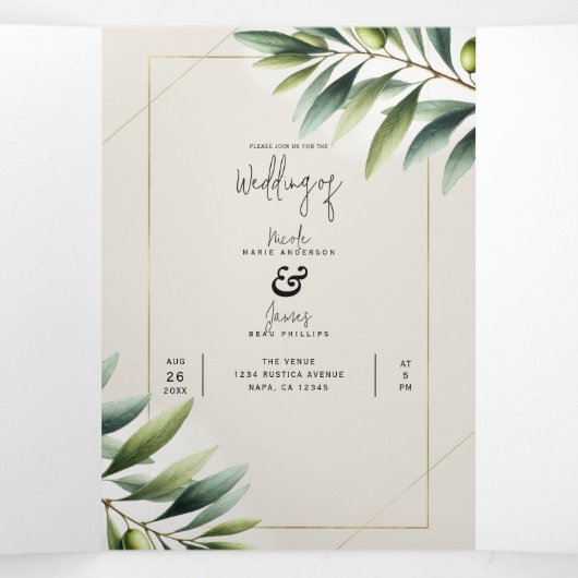 Groene Olijfblad Bone Wit & Goud Rustiek Huwelijk Drieluik Uitnodiging (Binnenkant midden)