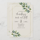 Groene Olijfblad Bone Wit & Goud Rustiek Huwelijk Kaart (Voorkant / Achterkant)