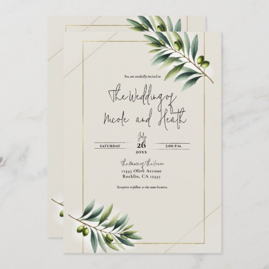 Groene Olijfblad Bone Wit & Goud Rustiek Huwelijk Kaart (Voorkant / Achterkant)