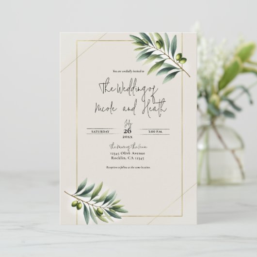 Groene Olijfblad Bone Wit & Goud Rustiek Huwelijk Kaart (Staand voorkant)